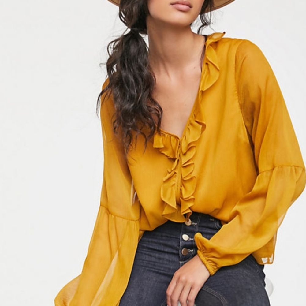 Sunday in Brooklyn Anthropologie Mustard Yellow Sheer Lined Blouse Top Sz S EUC - Picture 1 of 16